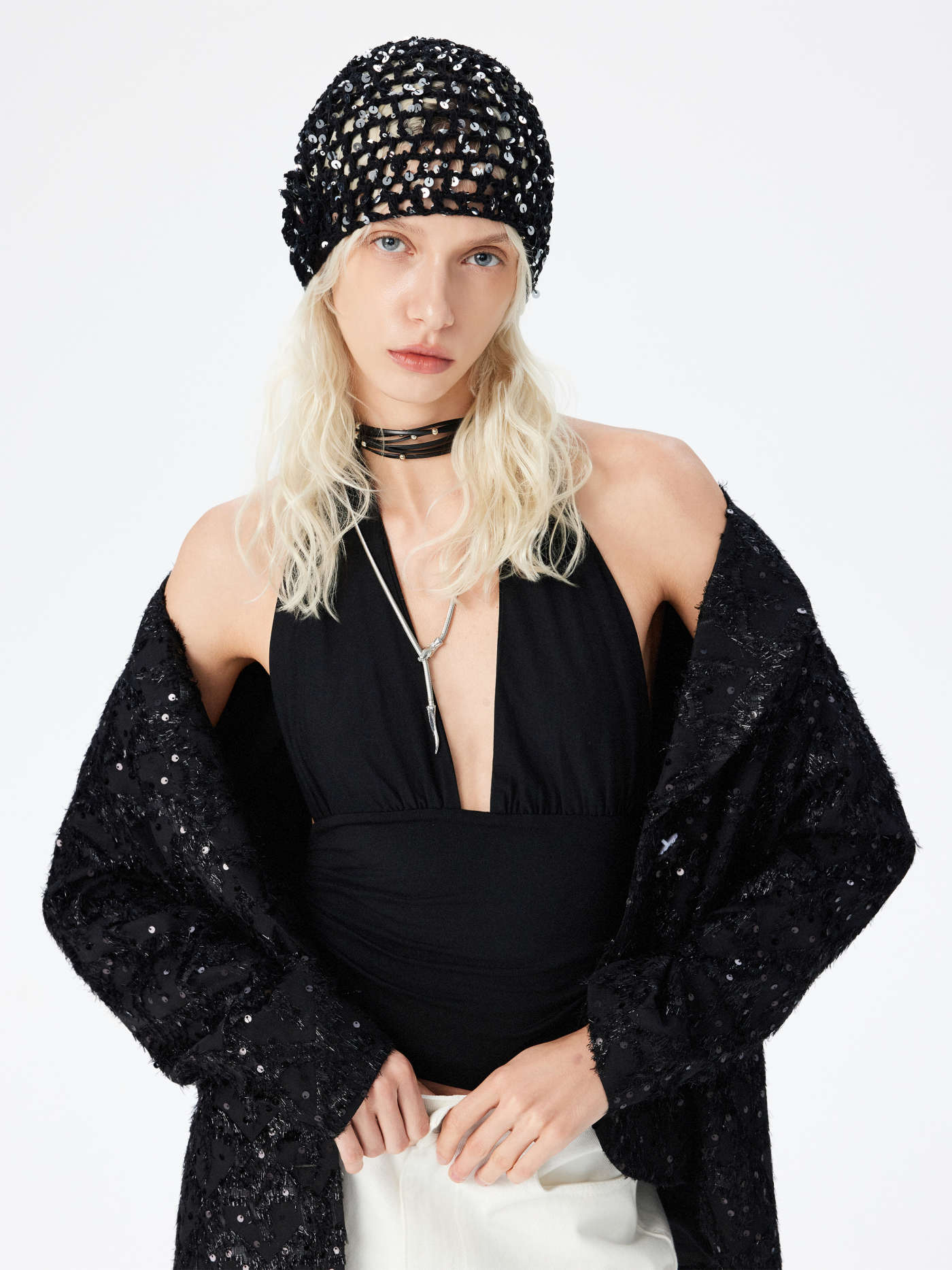 FLORAL SEQUIN KNITTED BEANIE HAT