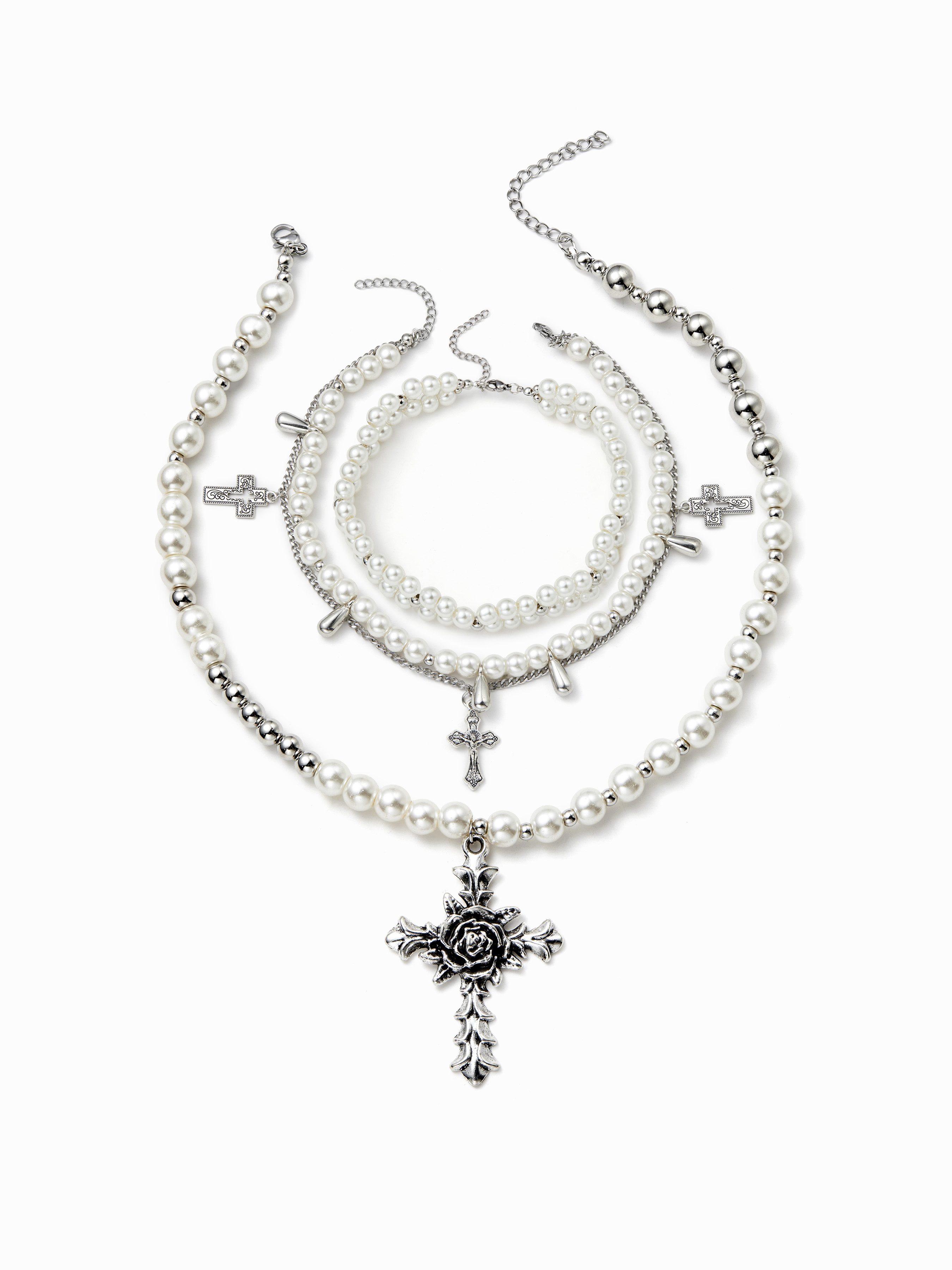 ENGRAVED CROSS & FAUX PEARL LAYERED NECKLACE