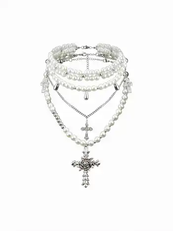 COLLANA A STRATI CON CROCE INCISA E PERLE FINTE