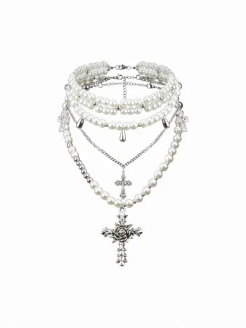 COLLANA A STRATI CON CROCE INCISA E PERLE FINTE