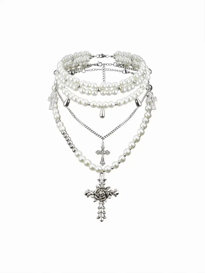ENGRAVED CROSS & FAUX PEARL LAYERED NECKLACE