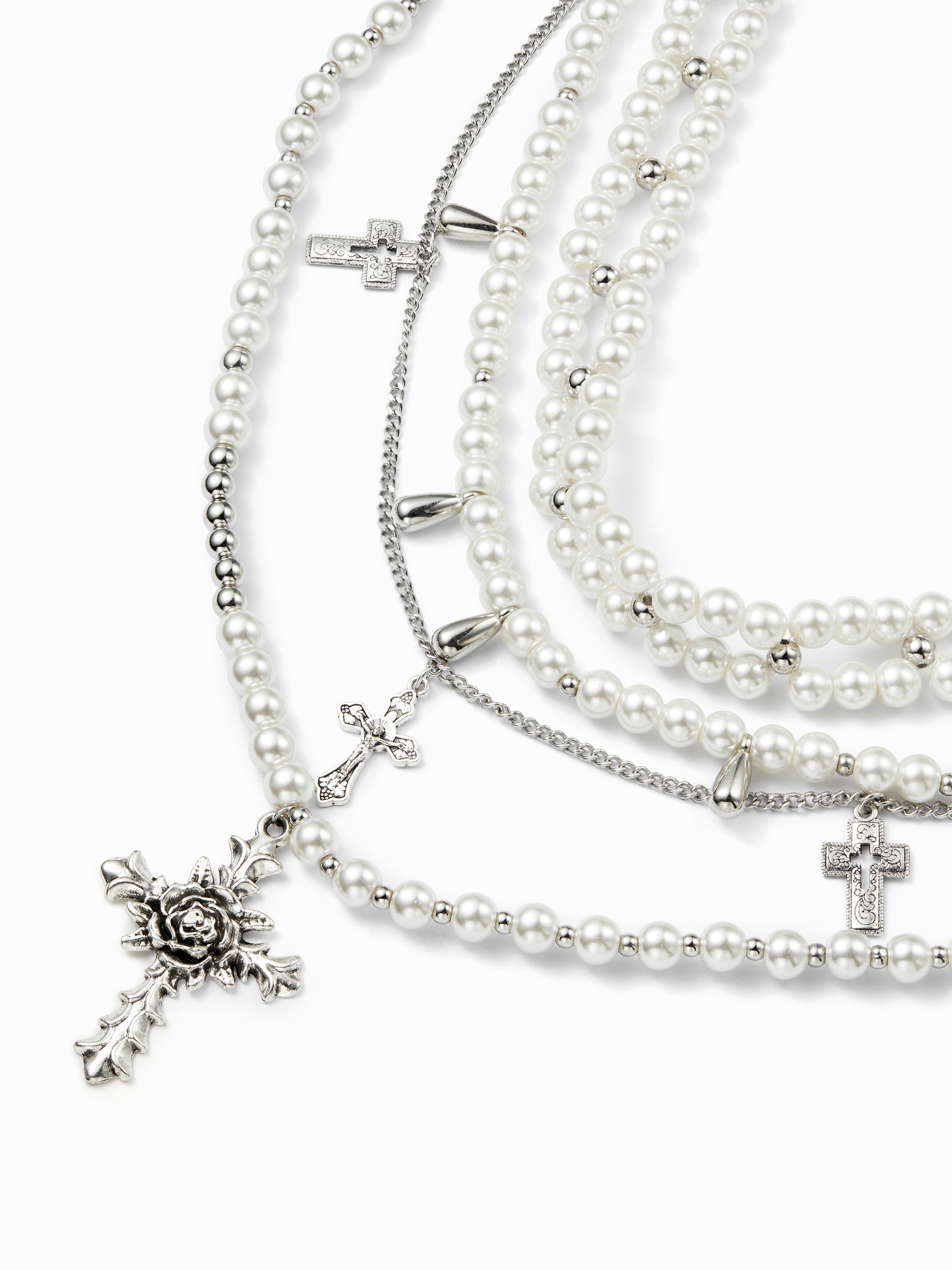ENGRAVED CROSS & FAUX PEARL LAYERED NECKLACE