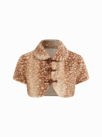 Faux Shearling Collar Deer Print Toggle Button Short Sleeve Jacket