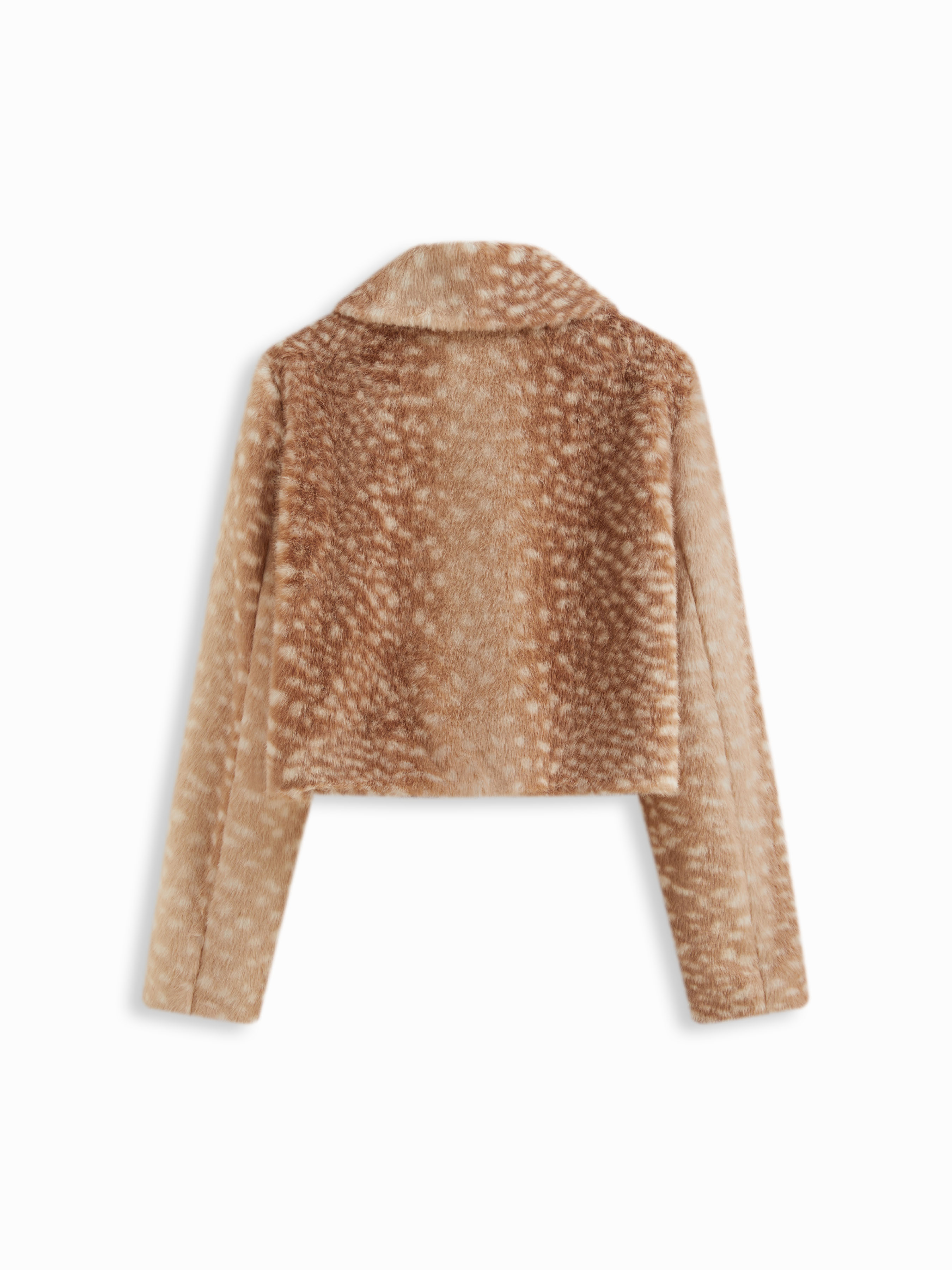 Deer Print Faux Fur Collar Toggle Button Crop Jacket