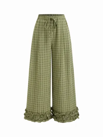 Pantaloni a vita media a quadri con coulisse e orlo a lattuga
