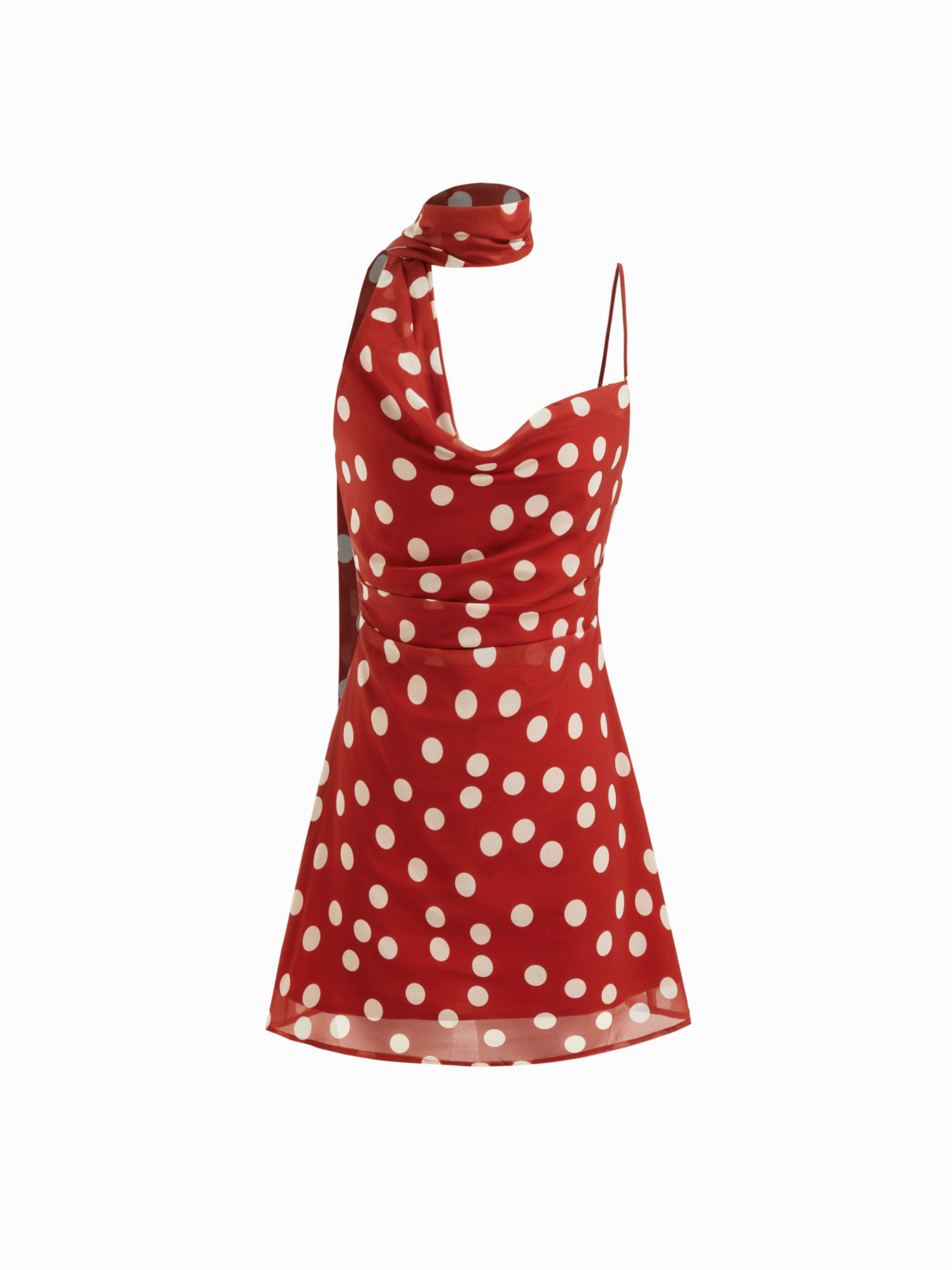 Chiffon Cowl Neck Polka Dot Ruched Mini Cami Dress With Scarf