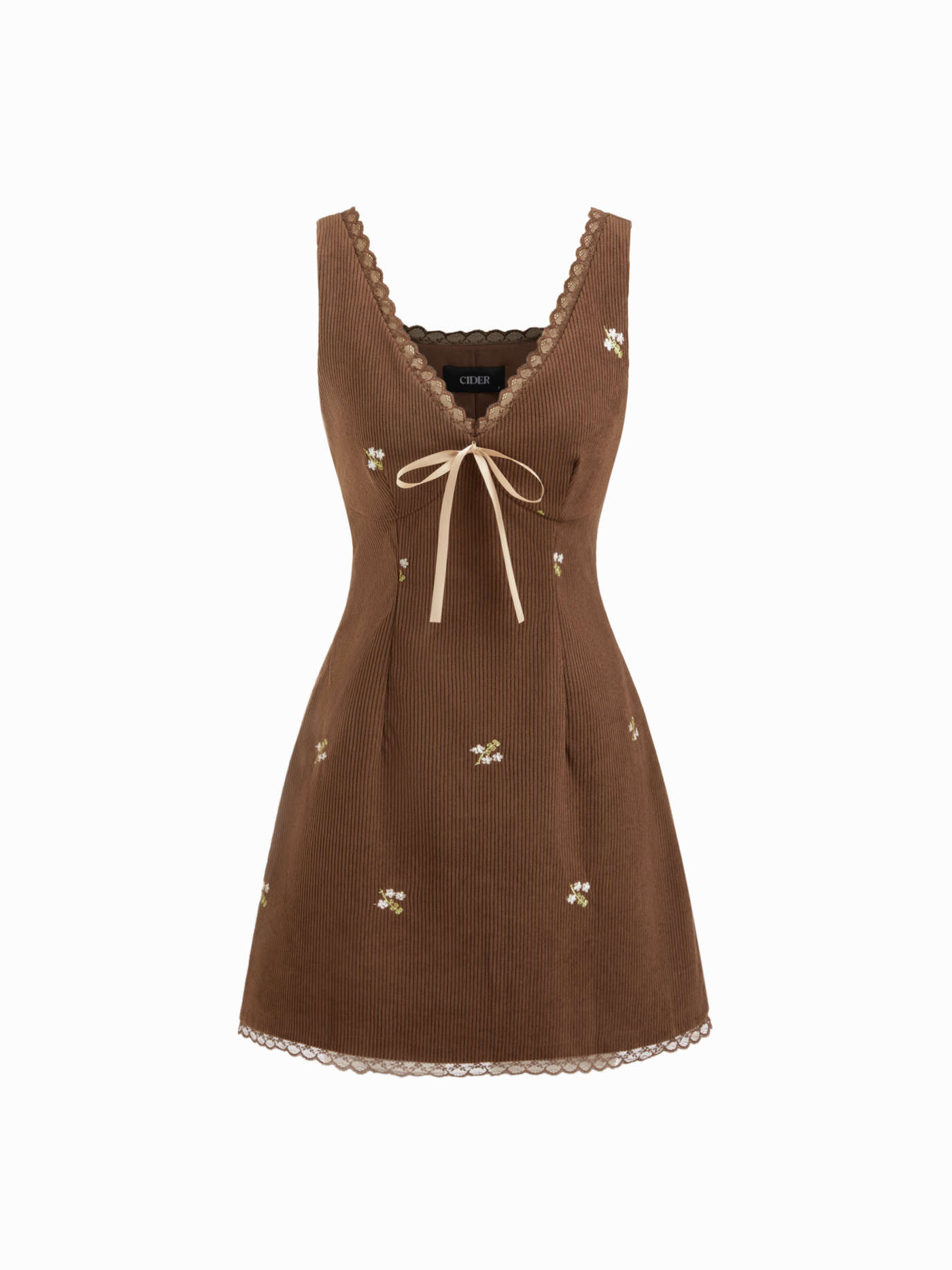 Corduroy Floral V-neck Lace Trim Bowknot Mini Dress