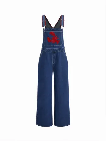 Denim Lobster Applique Contrasting Binding Straight Leg Jumpsuit