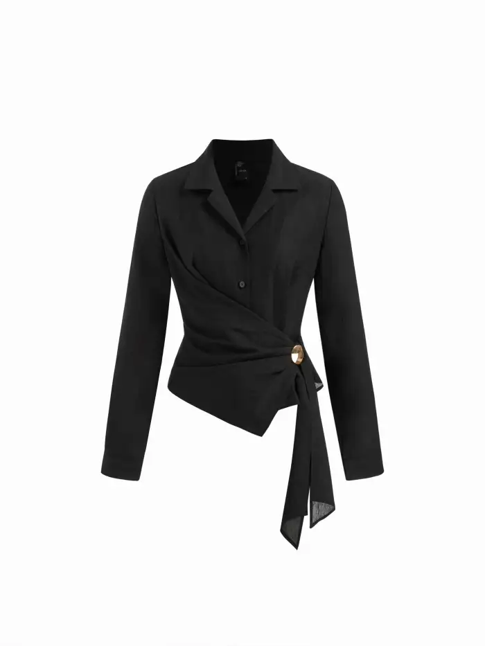 Knit Fabric Round Neckline Ruched Metal Detail Long Sleeve Tee For Daily Casual