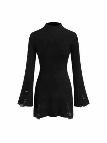 Mini abito in maglia a coste con collo alto, maniche a campana e dettagli strappati