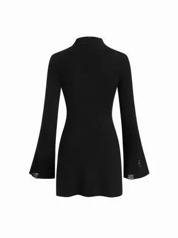 Mini abito in maglia a coste con collo alto, maniche a campana e dettagli strappati