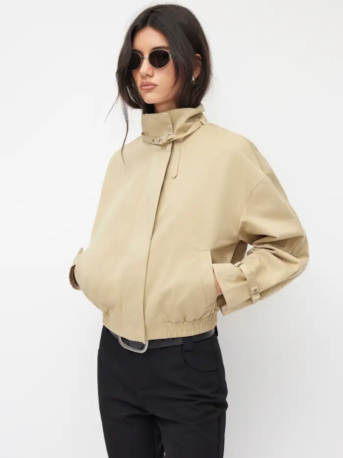 Tissé Cotton High Neck Zip Through Windbreaker For Décontracté quotidien