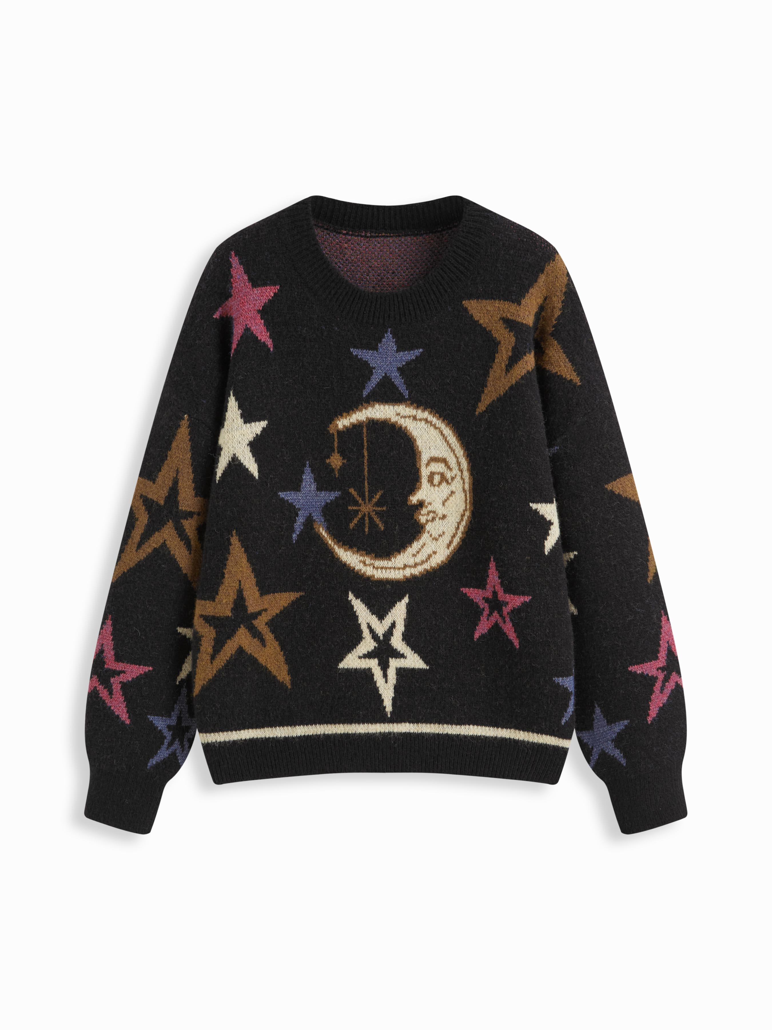 Tricot Knit Star & Moon Pattern Oversized Top