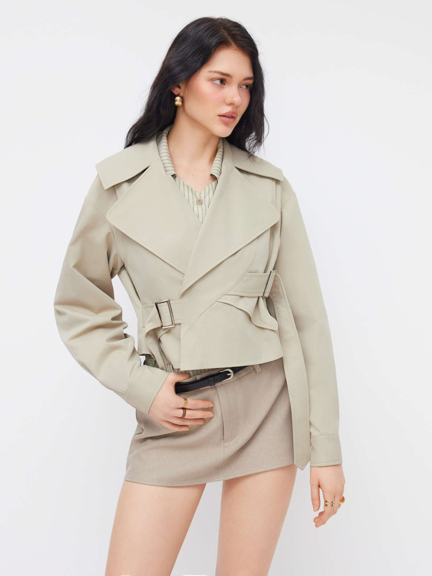 Woven Collar Belted Oversized Trench Coat For Daily Casual