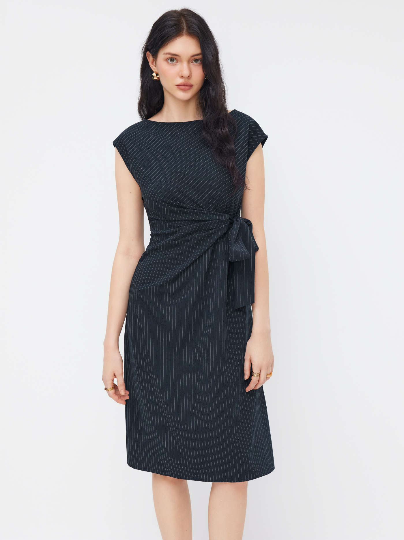 Boat Neck Stripe Knotted Ruched Midi Dress