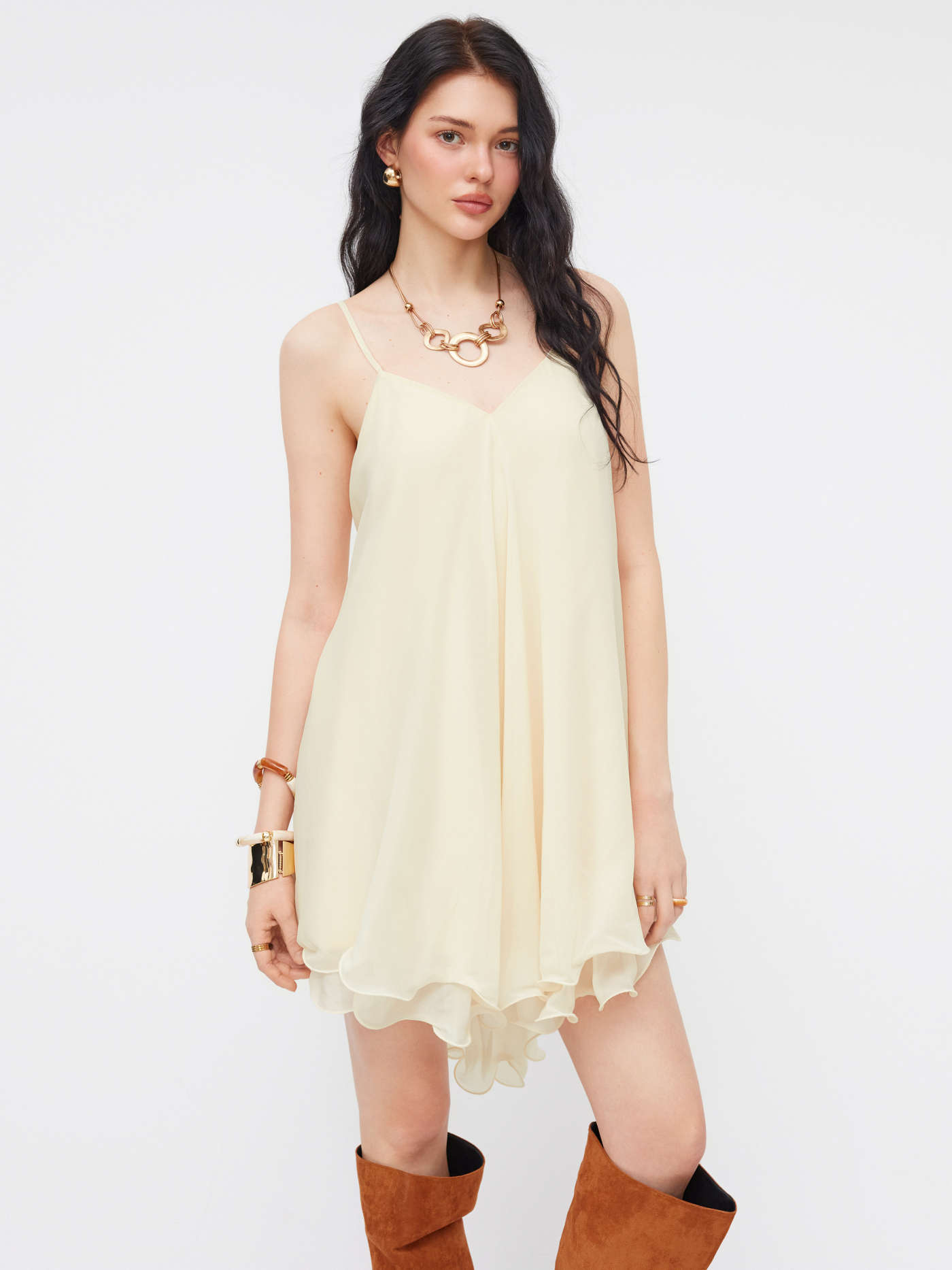 Chiffon V-neck Knotted Ruffle Hem Cami Mini Dress