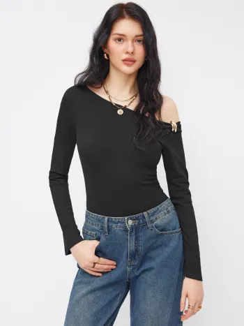 Asymmetrical Neck Metal Detail Ruched Long Sleeve Bodysuit