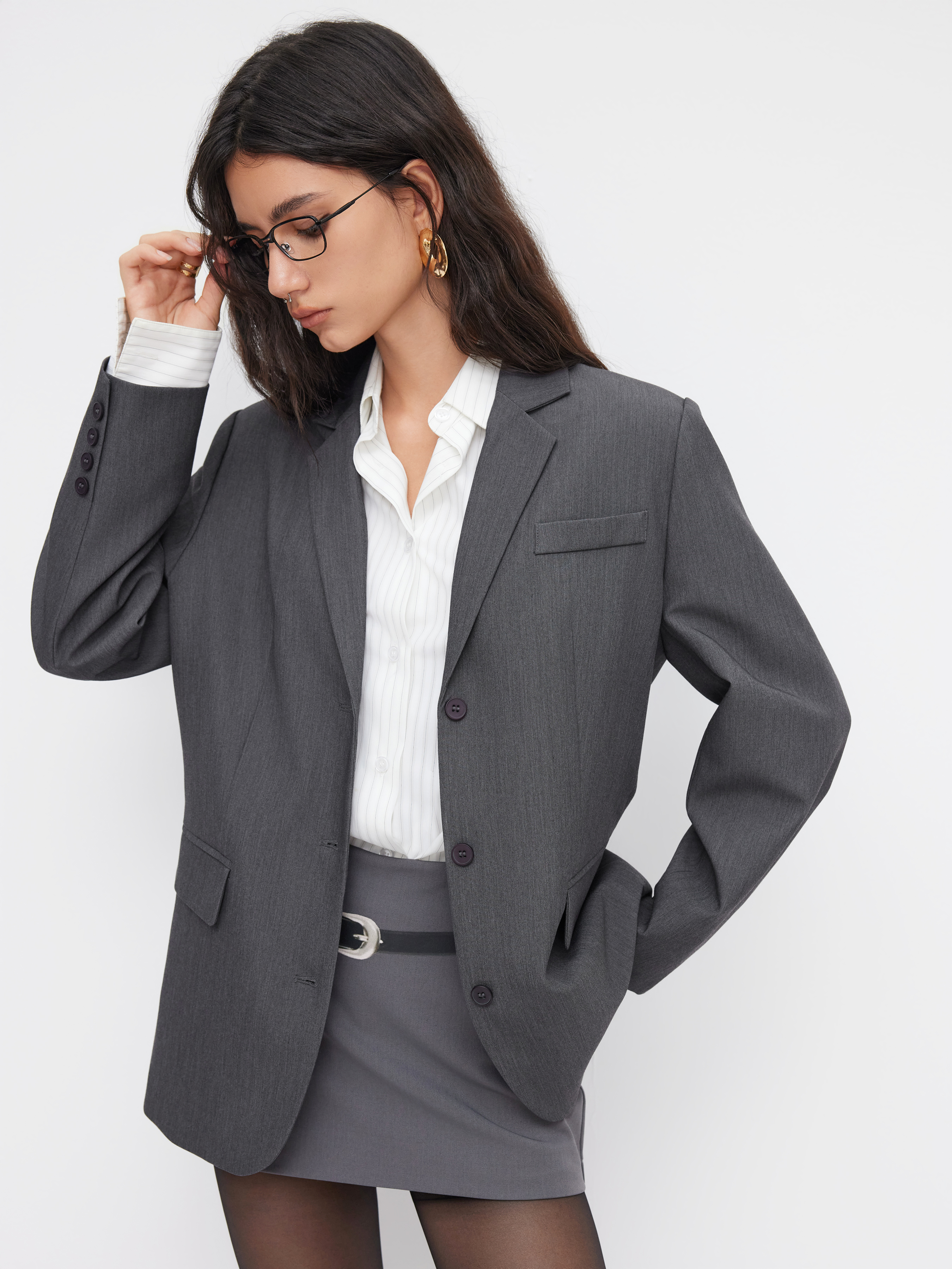Woven Collar Solid Pocket Oversized Blazer For Daily Casual Work