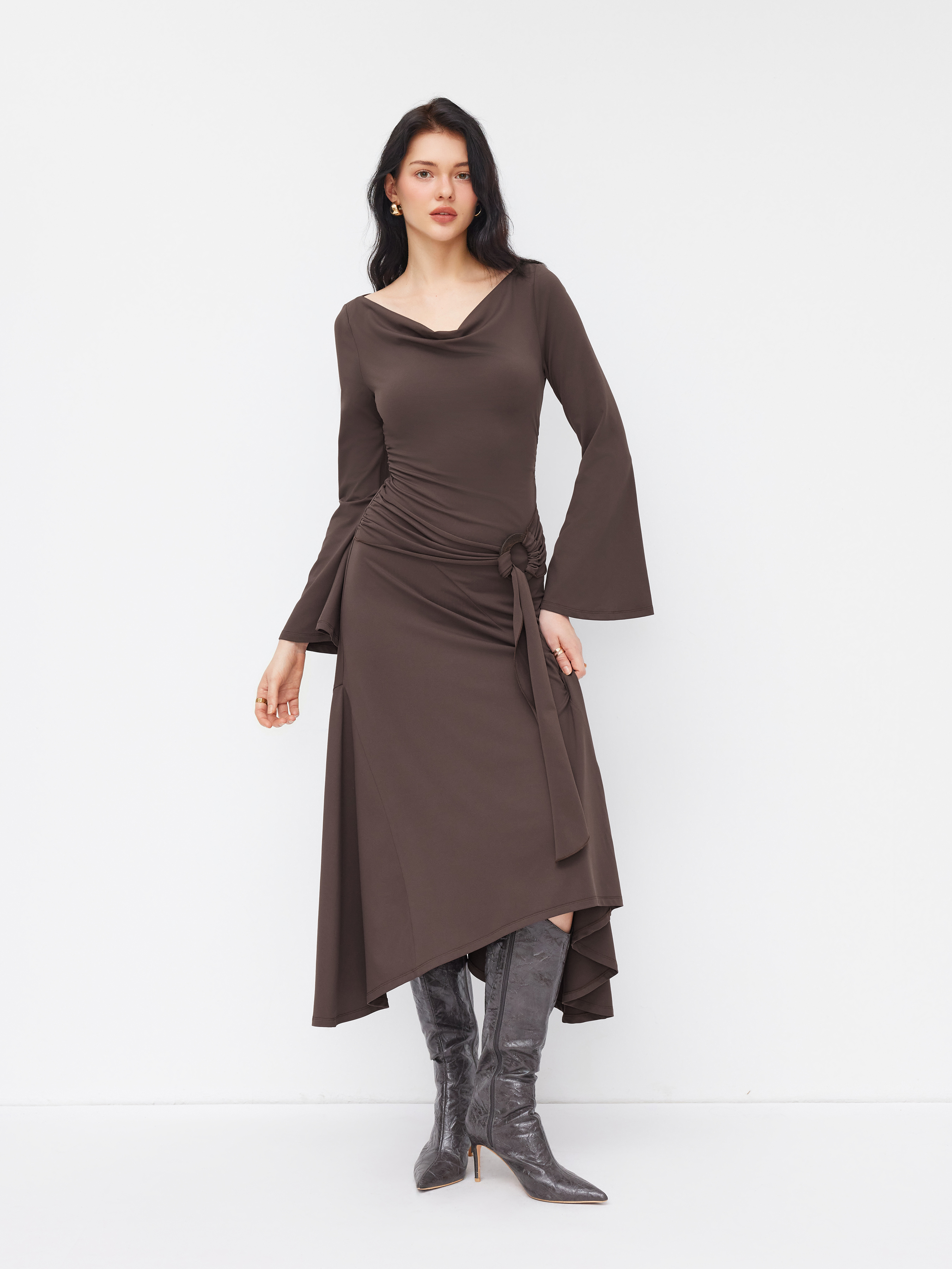 Cowl Neck Bell Sleeve O-Ring Ruched Ruffle Hem Midi Dress