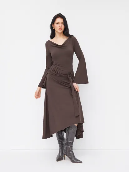 Velvet High Neck Solid Ruched Zipper Wide Leg Jumpsuit