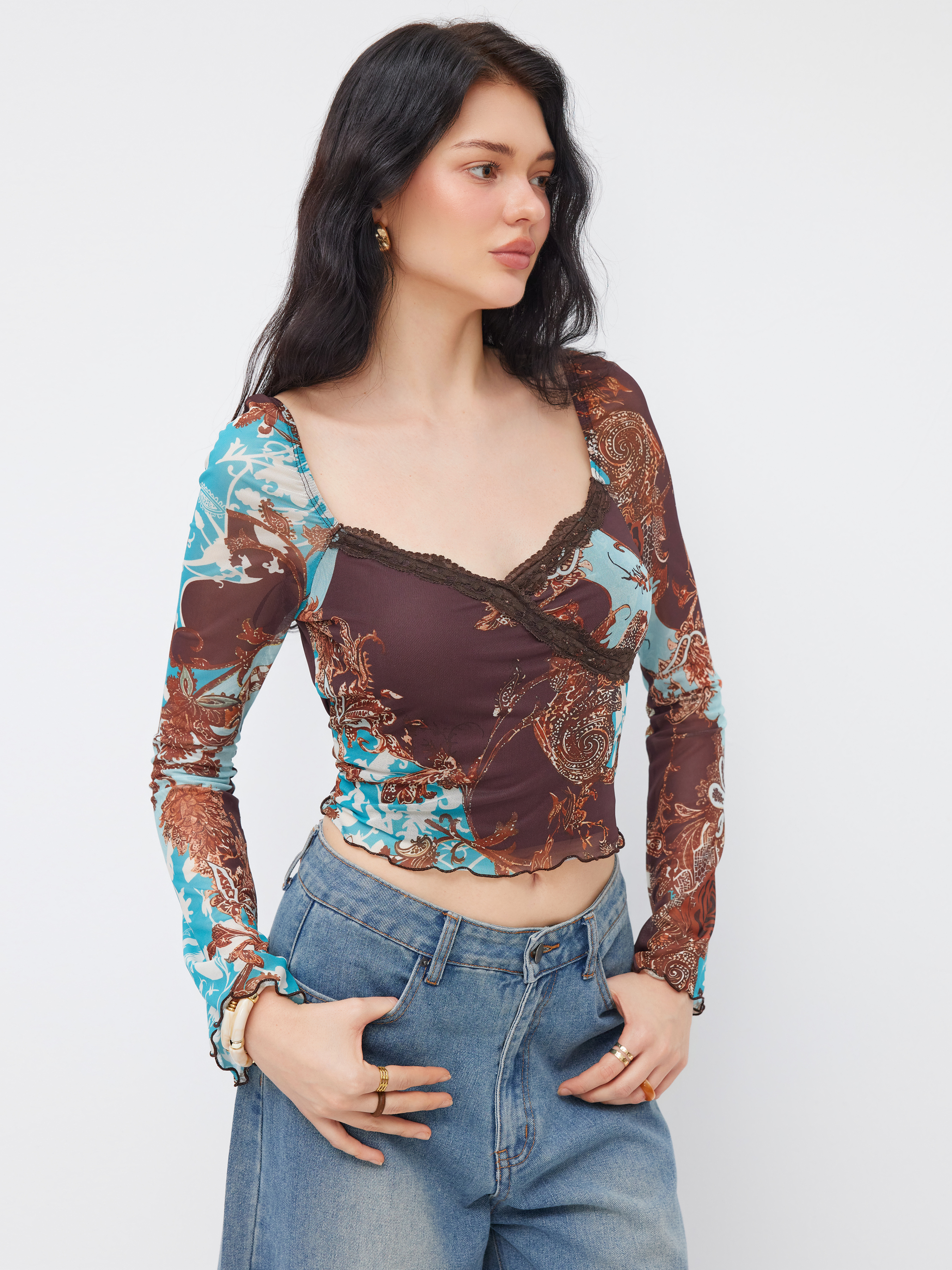 Mesh V-neck Baroque Lace Lettuce Trim Long Sleeve Top