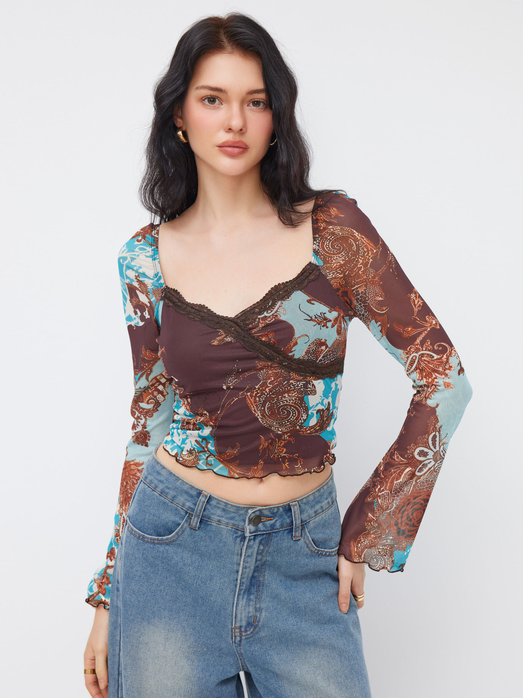 Mesh V-neck Baroque Lace Lettuce Trim Long Sleeve Top