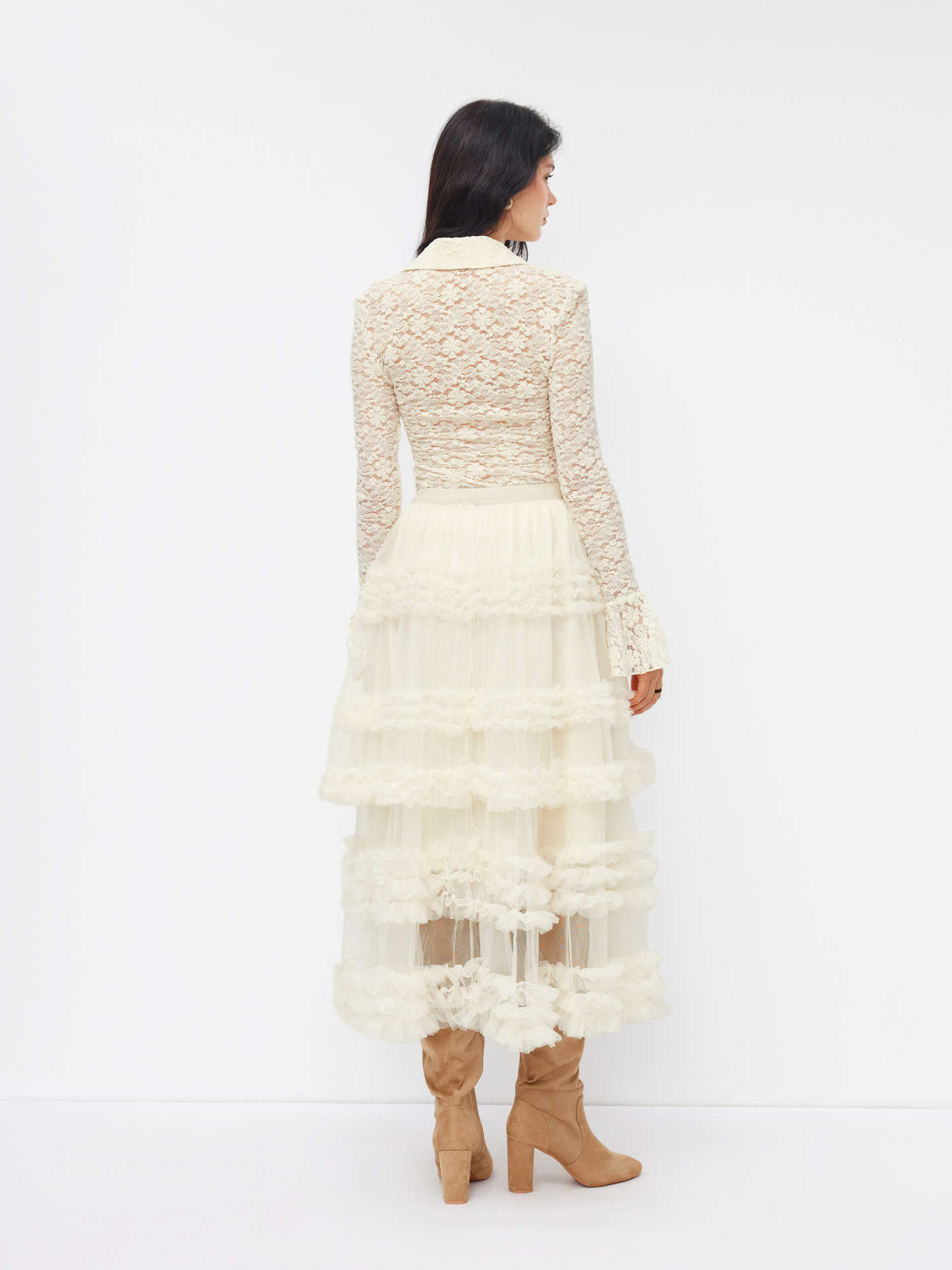 Voluminous Mesh Mid Rise Ruffle Hem Tulle Tiered Midi Skirt