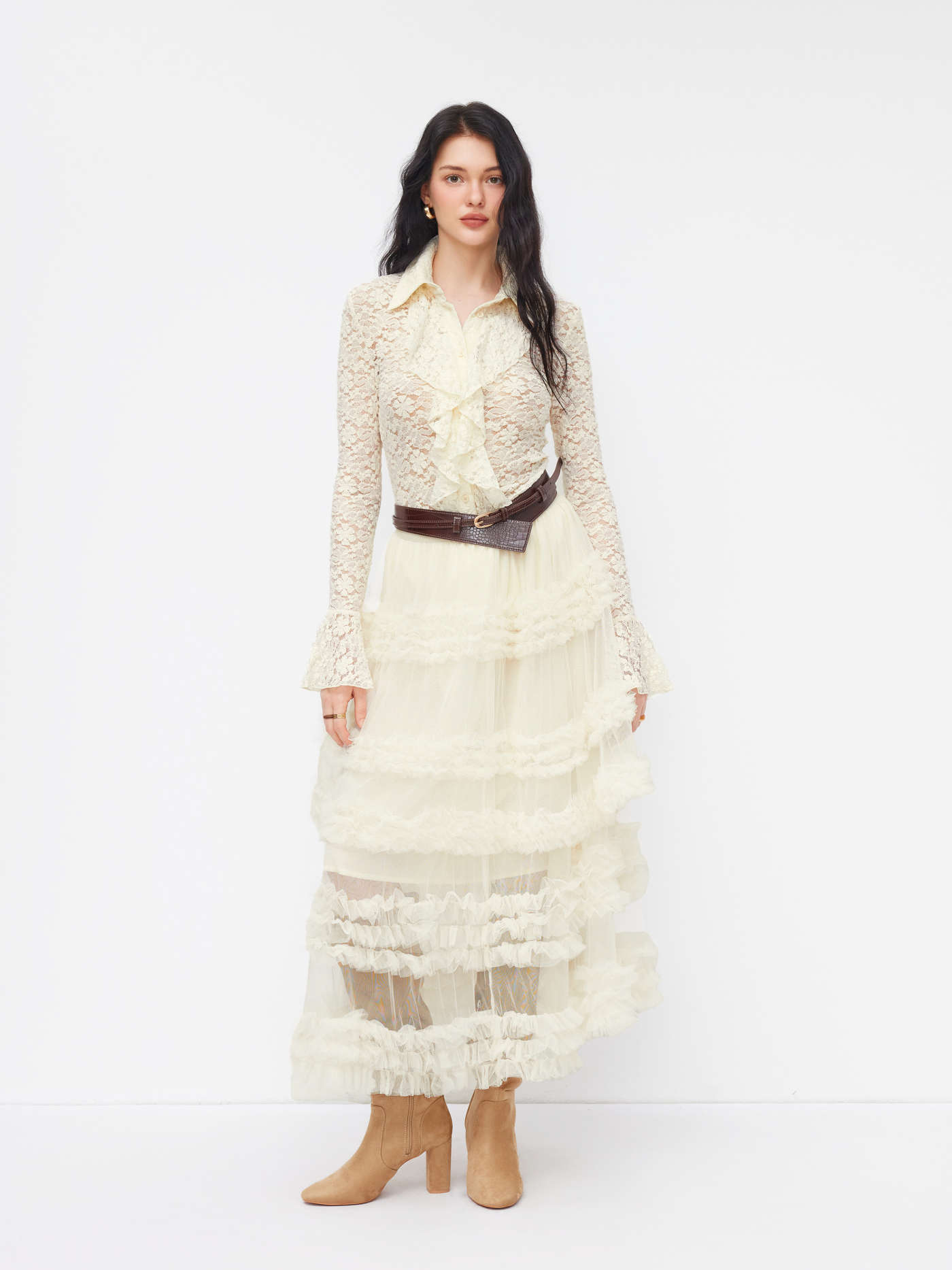 Voluminous Mesh Mid Rise Ruffle Hem Tulle Tiered Midi Skirt