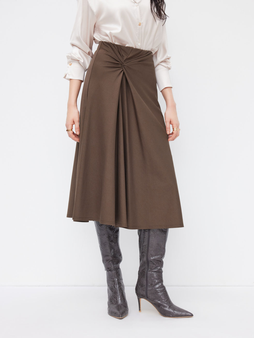 Cotton-blend Mid Rise Twist Ruffle Midi Skirt