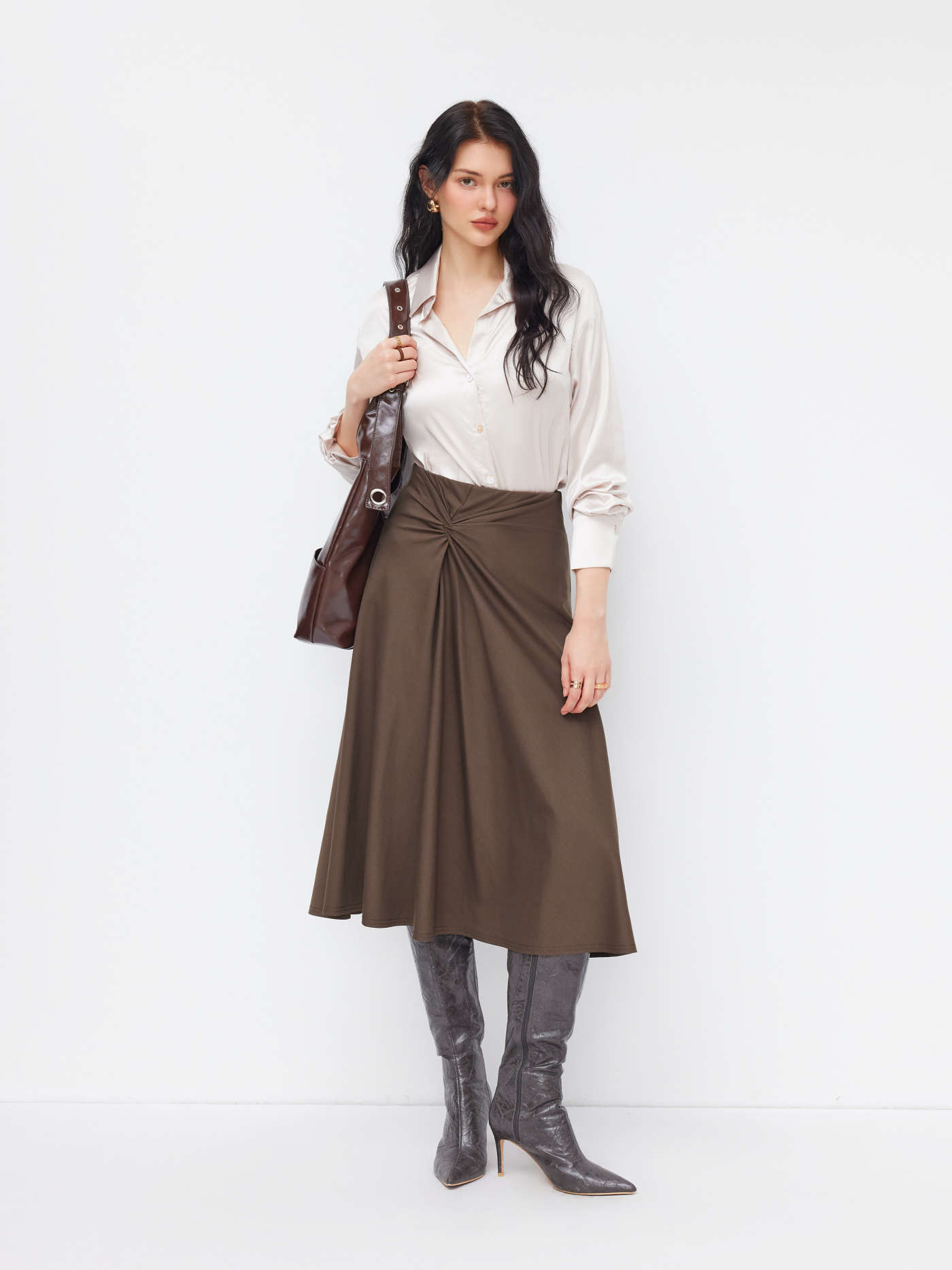 Cotton-blend Mid Rise Twist Ruffle Midi Skirt