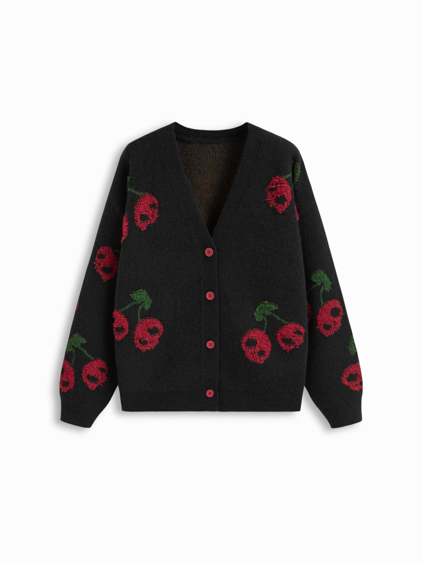Knit V-neck Skeleton Cherry Pattern Oversized Cardigan