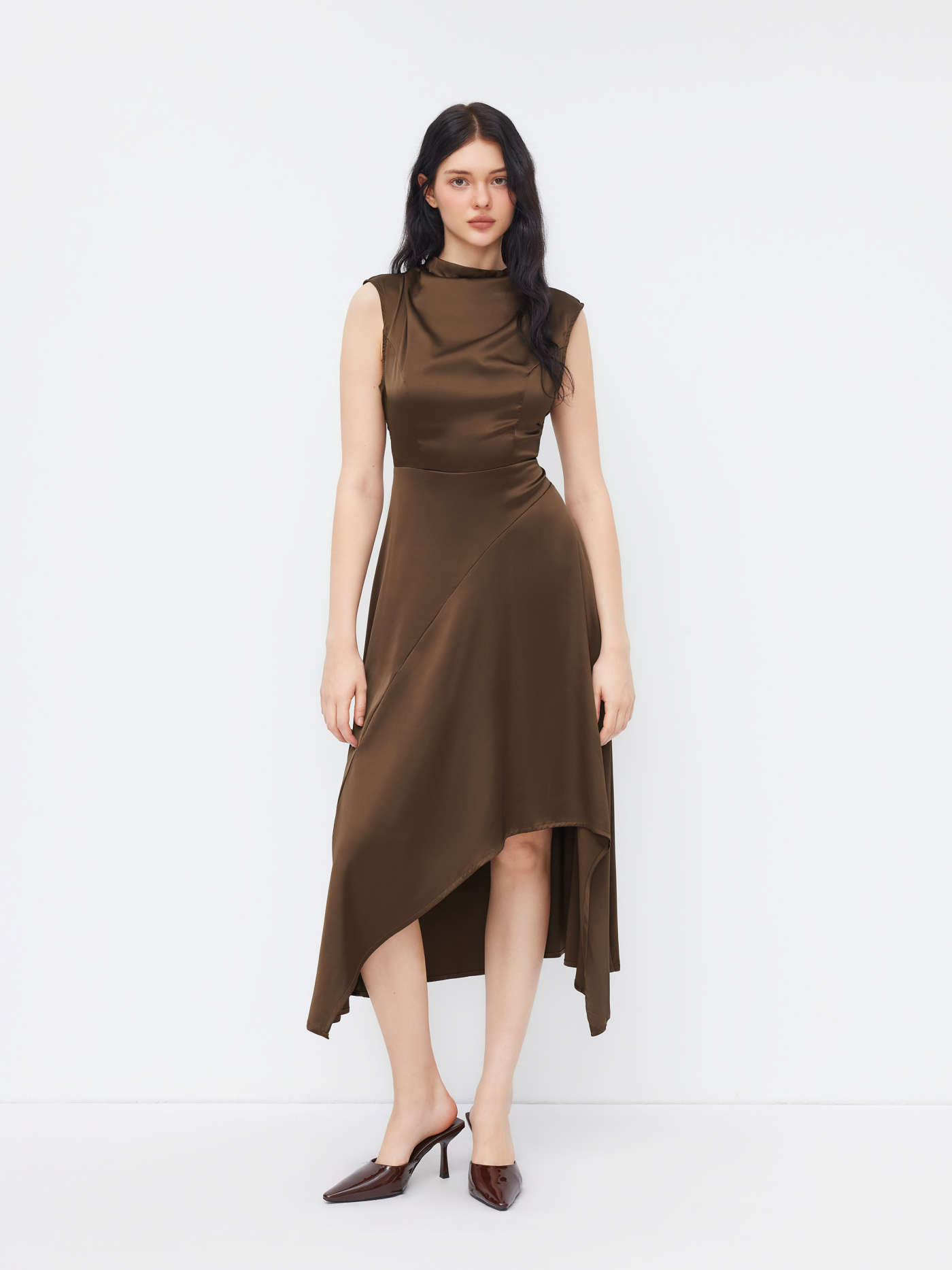 Satin Stand Collar Short Sleeve Asymmetrical Hem Midi Dress