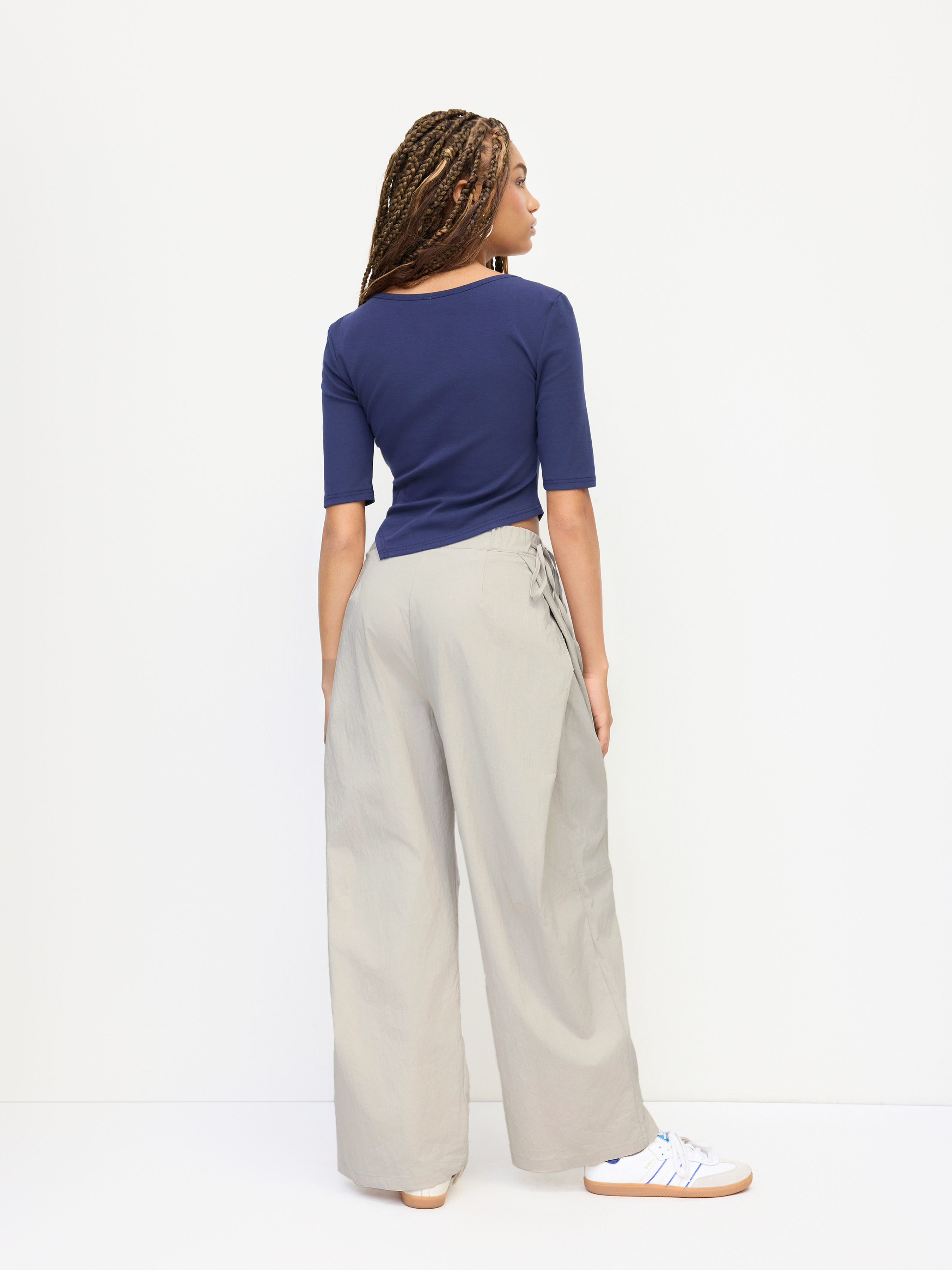 Cotton-blend Mid Rise Elastic Waist Floral Wide Leg Trousers