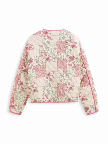 Giacca imbottita oversize con scollo a V floreale, bottoni e bordi a contrasto