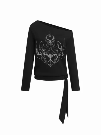 T-shirt oversize con grafica astratta in misto cotone, collo asimmetrico, maniche lunghe e lacci laterali