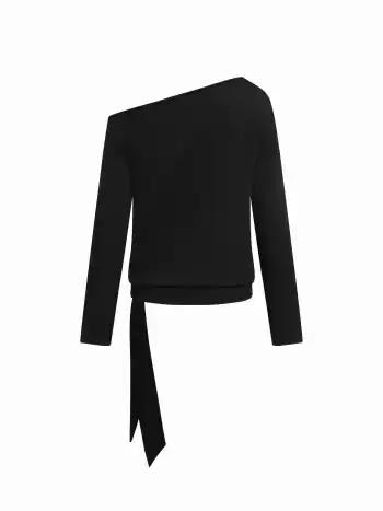 T-shirt oversize con grafica astratta in misto cotone, collo asimmetrico, maniche lunghe e lacci laterali
