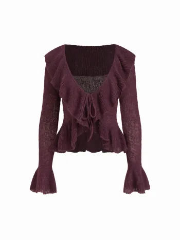 Cardigan in maglia con scollo a V, maniche lunghe, chiusura a laccetti sul davanti, volant e spacco in misto mohair
