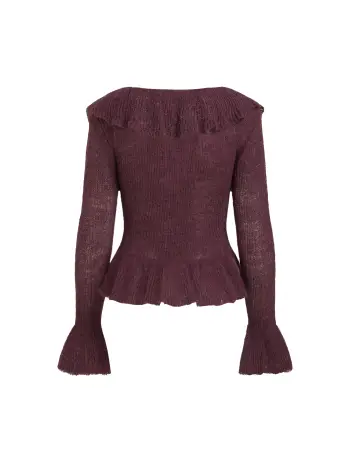 Cardigan in maglia con scollo a V, maniche lunghe, chiusura a laccetti sul davanti, volant e spacco in misto mohair