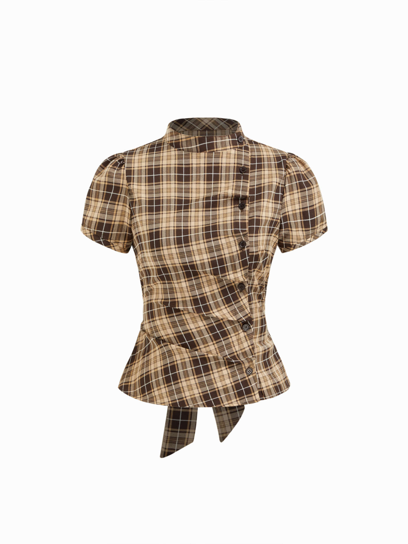 Woven Plaid Stand Collar Puff Sleeve Tie Back Button Blouse For Daily Casual