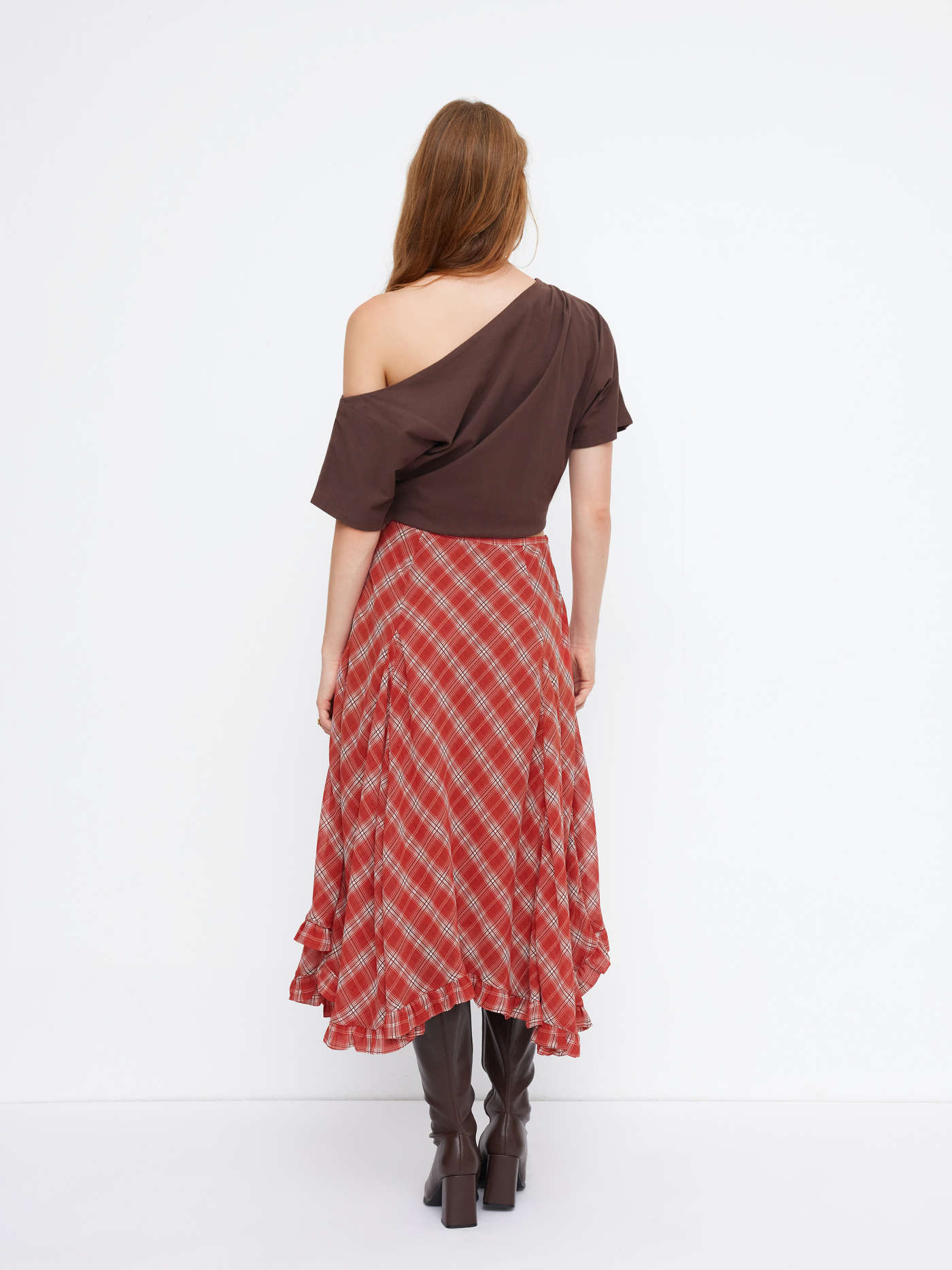 Chiffon Mid Rise Tartan Ruffle Hem Lettuce Trim Maxi Skirt