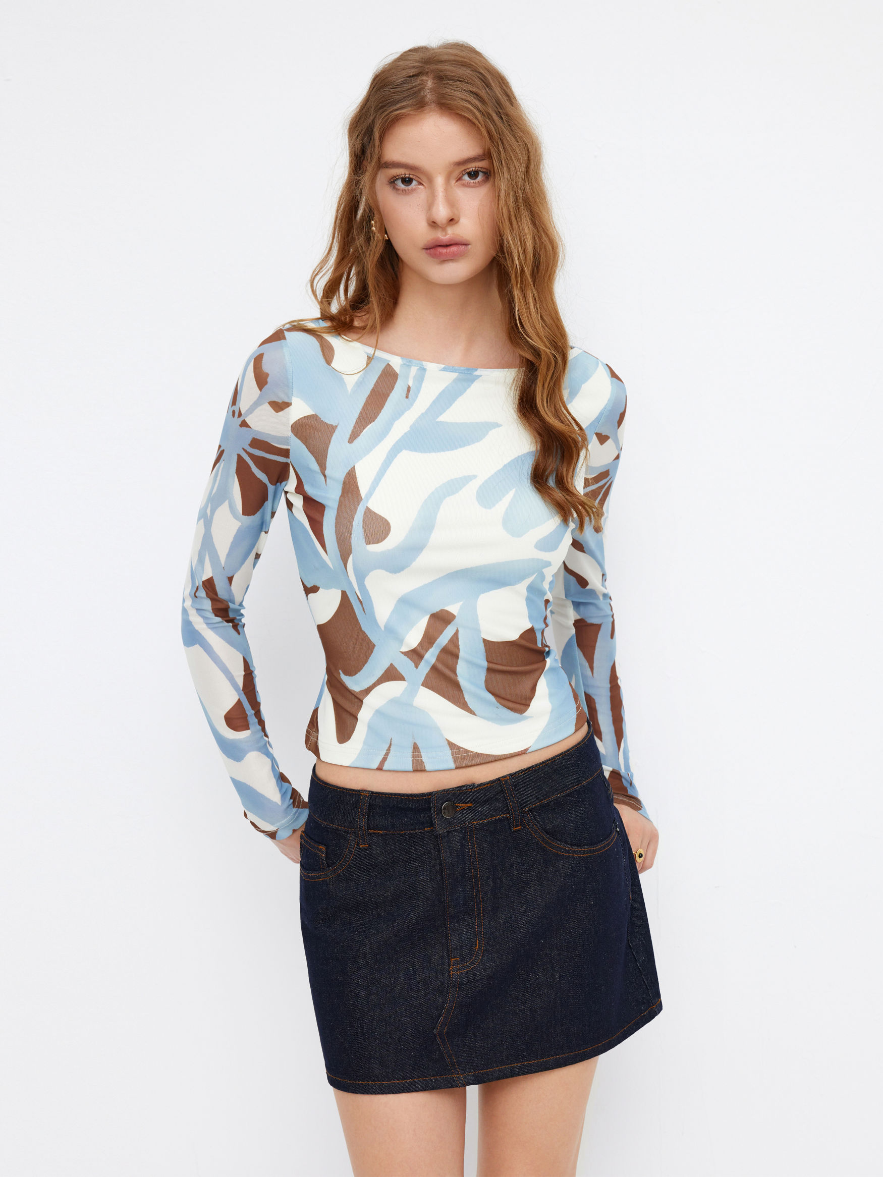 Mesh Abstract Striped Boat Neck Long Sleeve Top