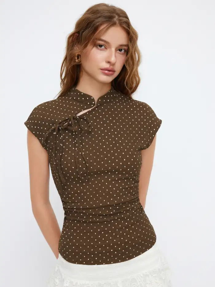 Stand Collar Texture Ruched Knotted Tank Top