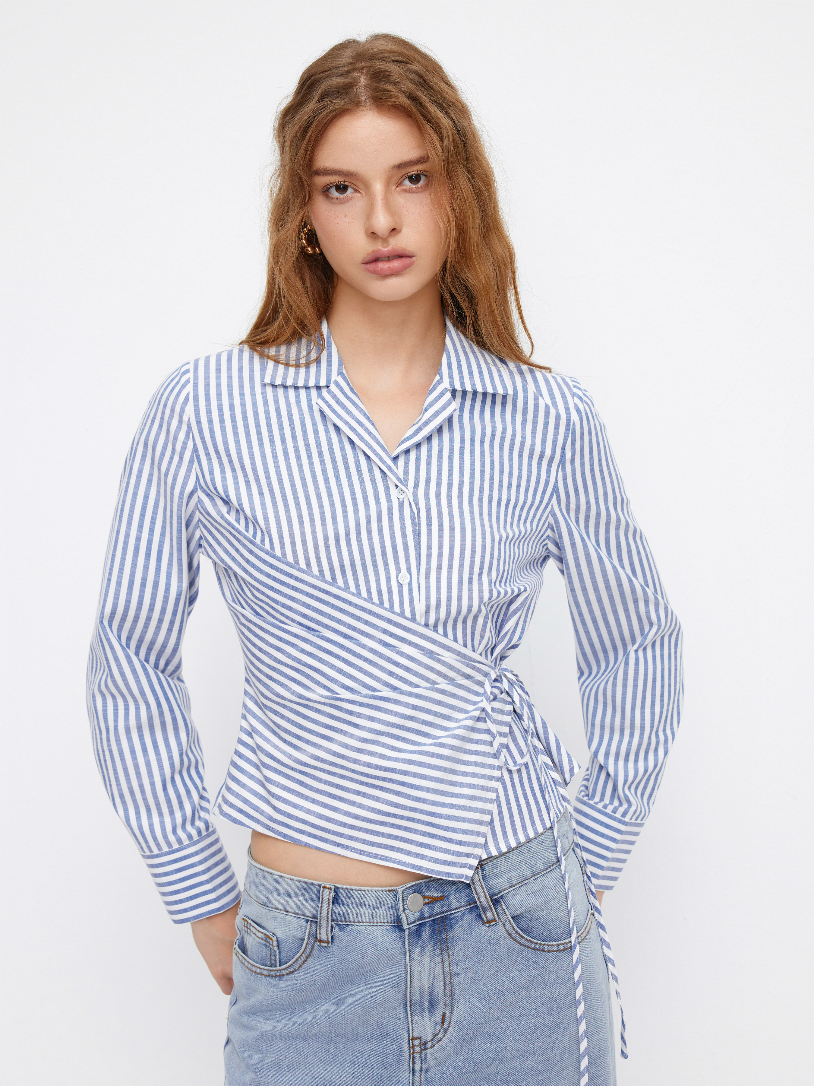 Cotton-blend Collar Stripe Knotted Shirt