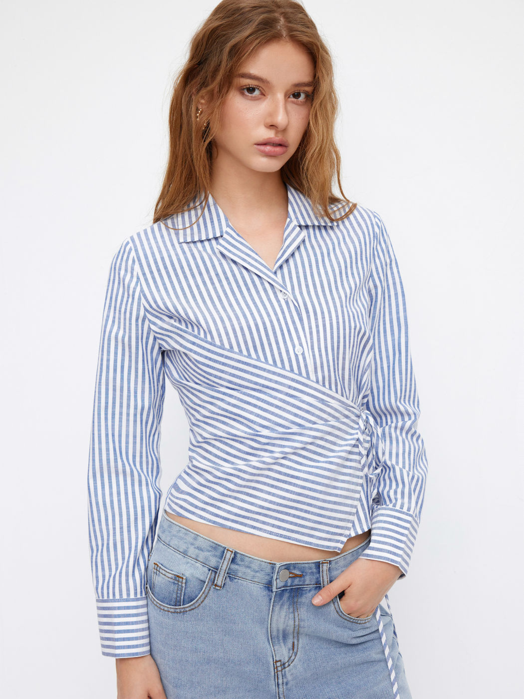 Cotton-blend Collar Stripe Knotted Shirt