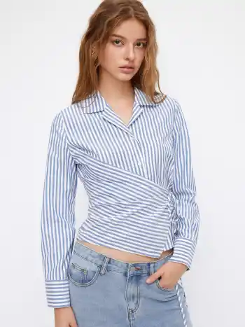 Cotton-blend Collar Stripe Knotted Shirt