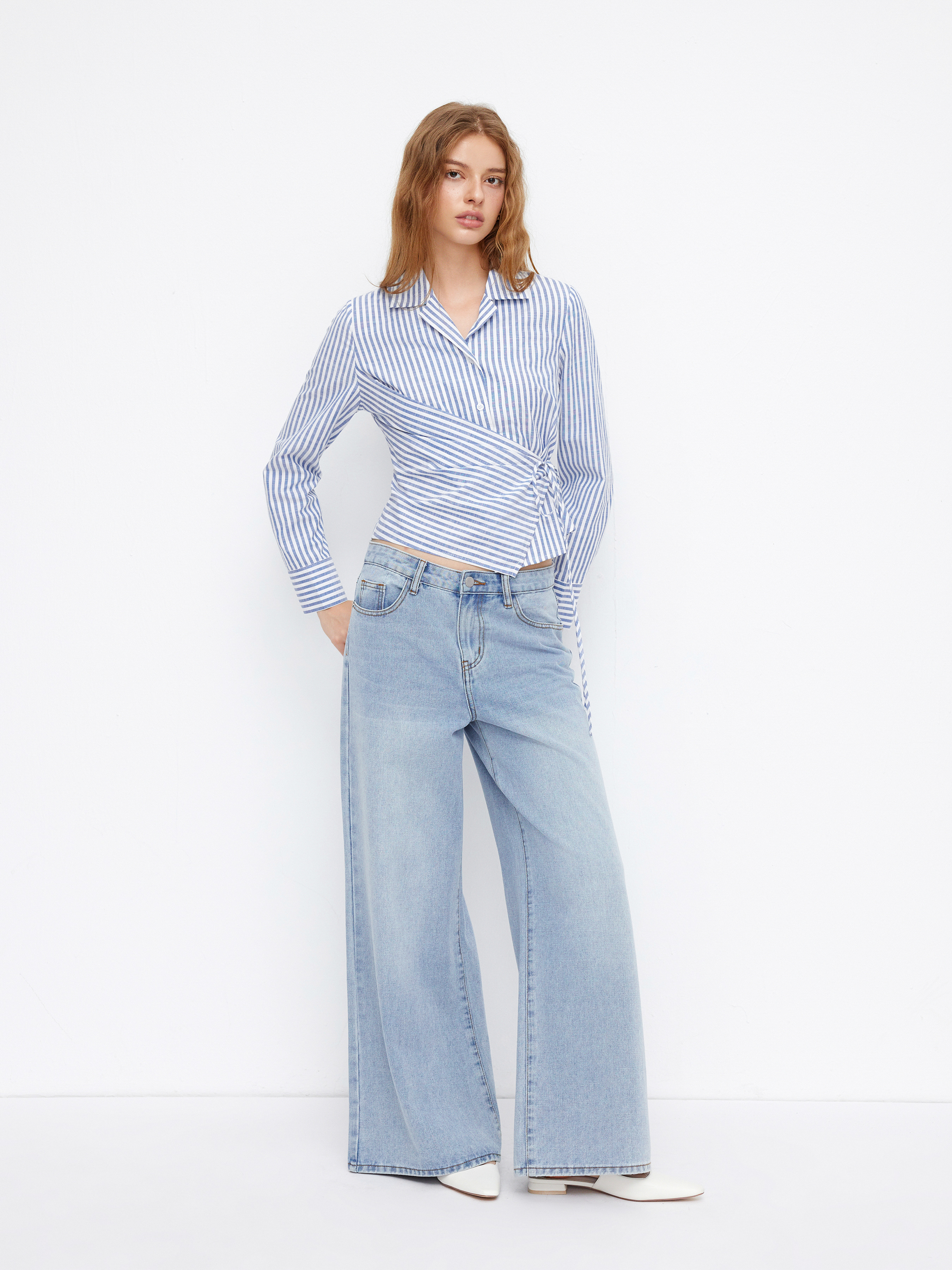 Cotton-blend Collar Stripe Knotted Shirt