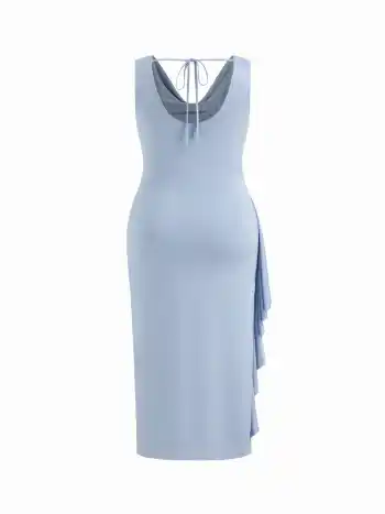 Abito Maxi Curvy e Plus Size con Scollo a Cascata, Volant sull'Orlo, Spacco e Schiena Scoperta