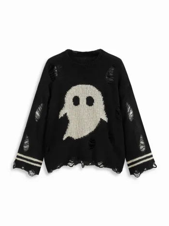 Top oversize a righe strappato con motivo a fantasma in maglia Curve & Plus