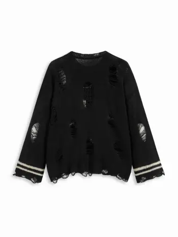 Top oversize a righe strappato con motivo a fantasma in maglia Curve & Plus