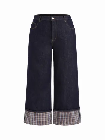 Cider Stretch Denim Mittelhohe Karierte Rollenbund Gerade Beine Jeans Kurve & Plus